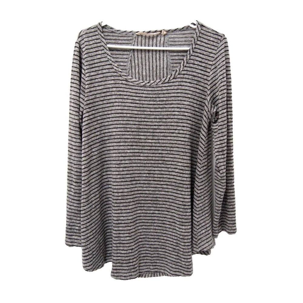 Soft Surroundings Womens Top M T-Shirt Knit Grey Black Stripe Scoopneck USA Made